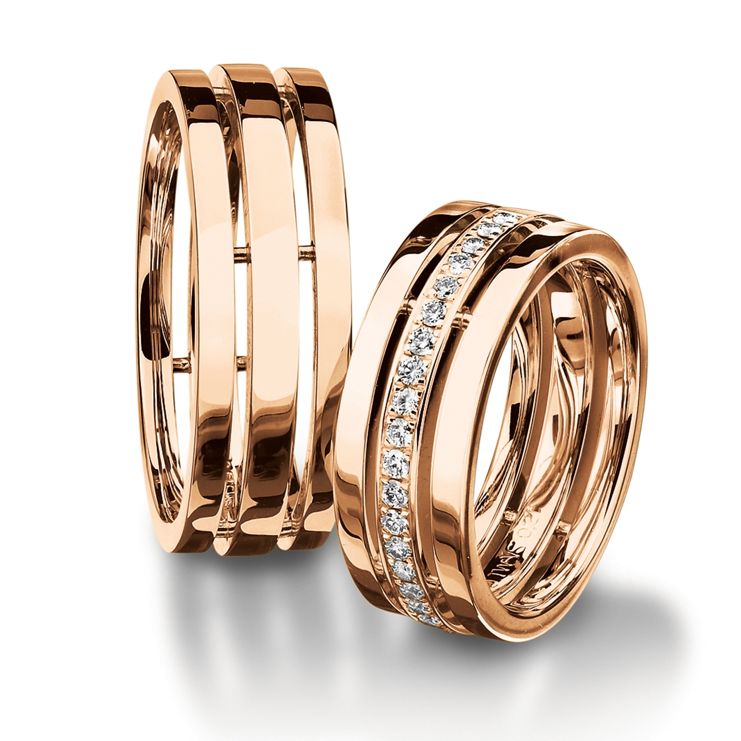 rings in gold, platinum, palladium and carbon with diamonds