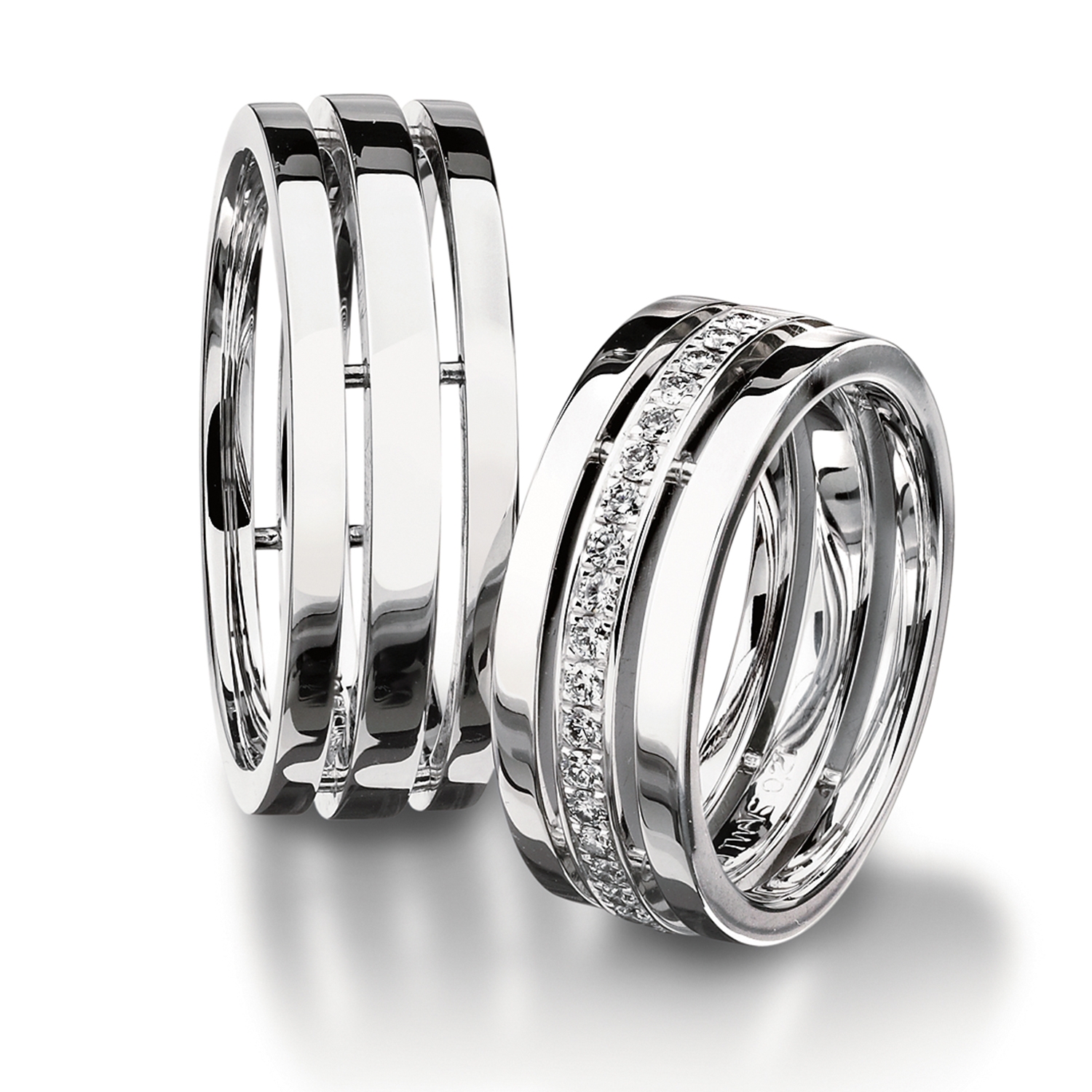 rings in gold, platinum, palladium and carbon with diamonds