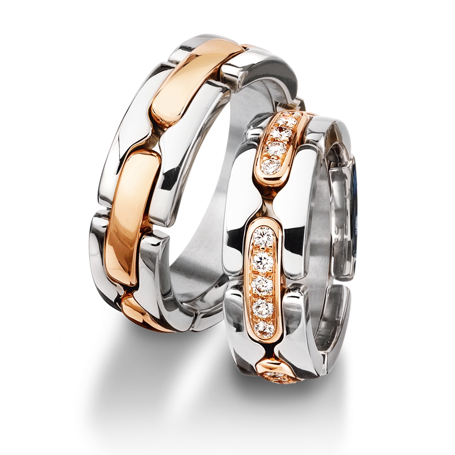 Chain rings in gold, platinum and palladium with diamonds Furrer Jacot