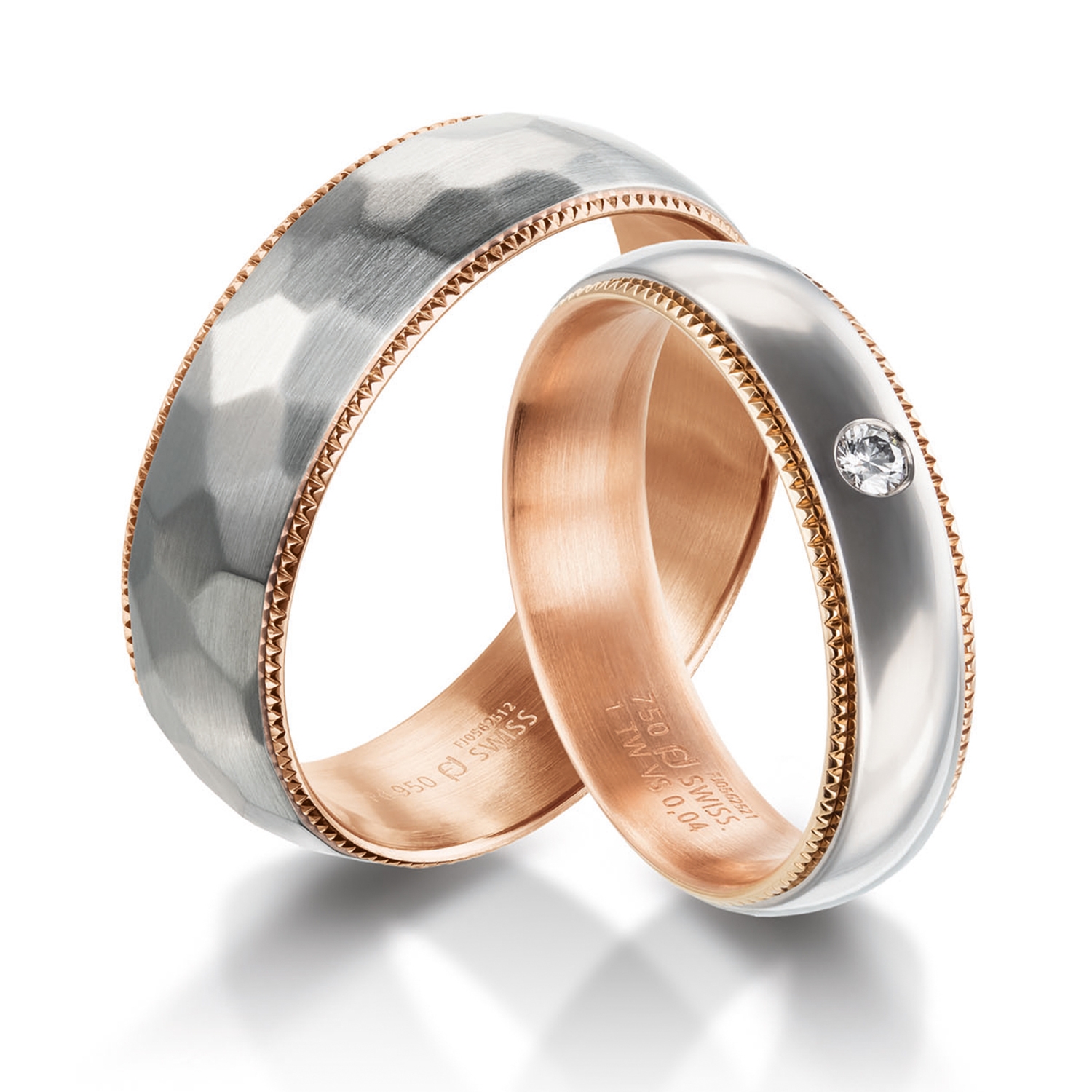 milgrain rings in gold, platinum, palladium, carbon and black with diamonds Furrer Jacot